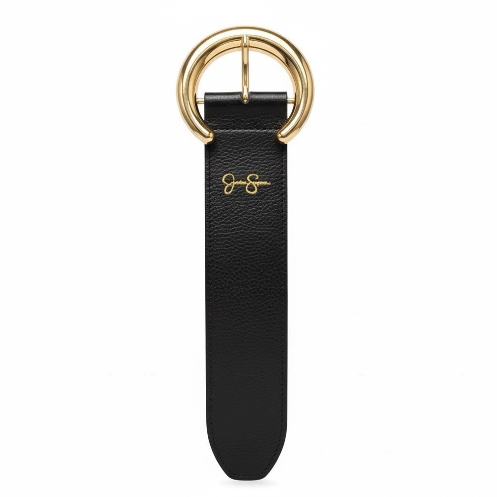Jessica Simpson Black Faux Leather Belt Medium 8-10 Gold Circle Buckle NWT